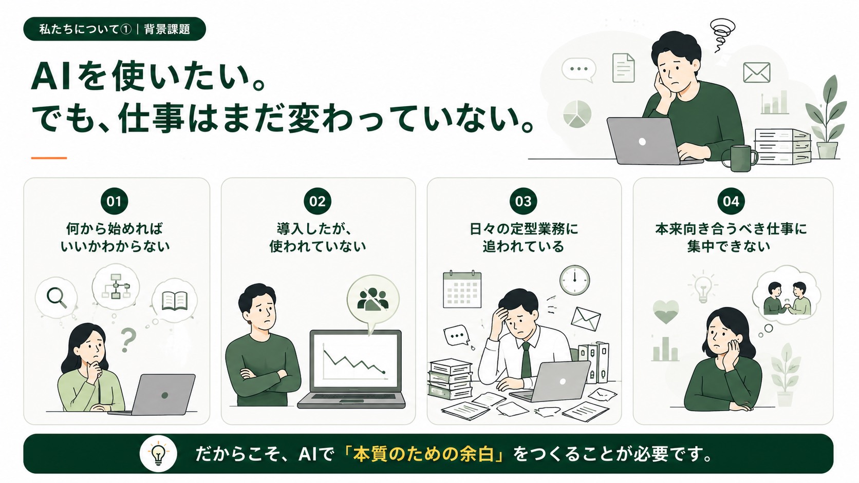 AIを使いたいが仕事はまだ変わっていない背景課題