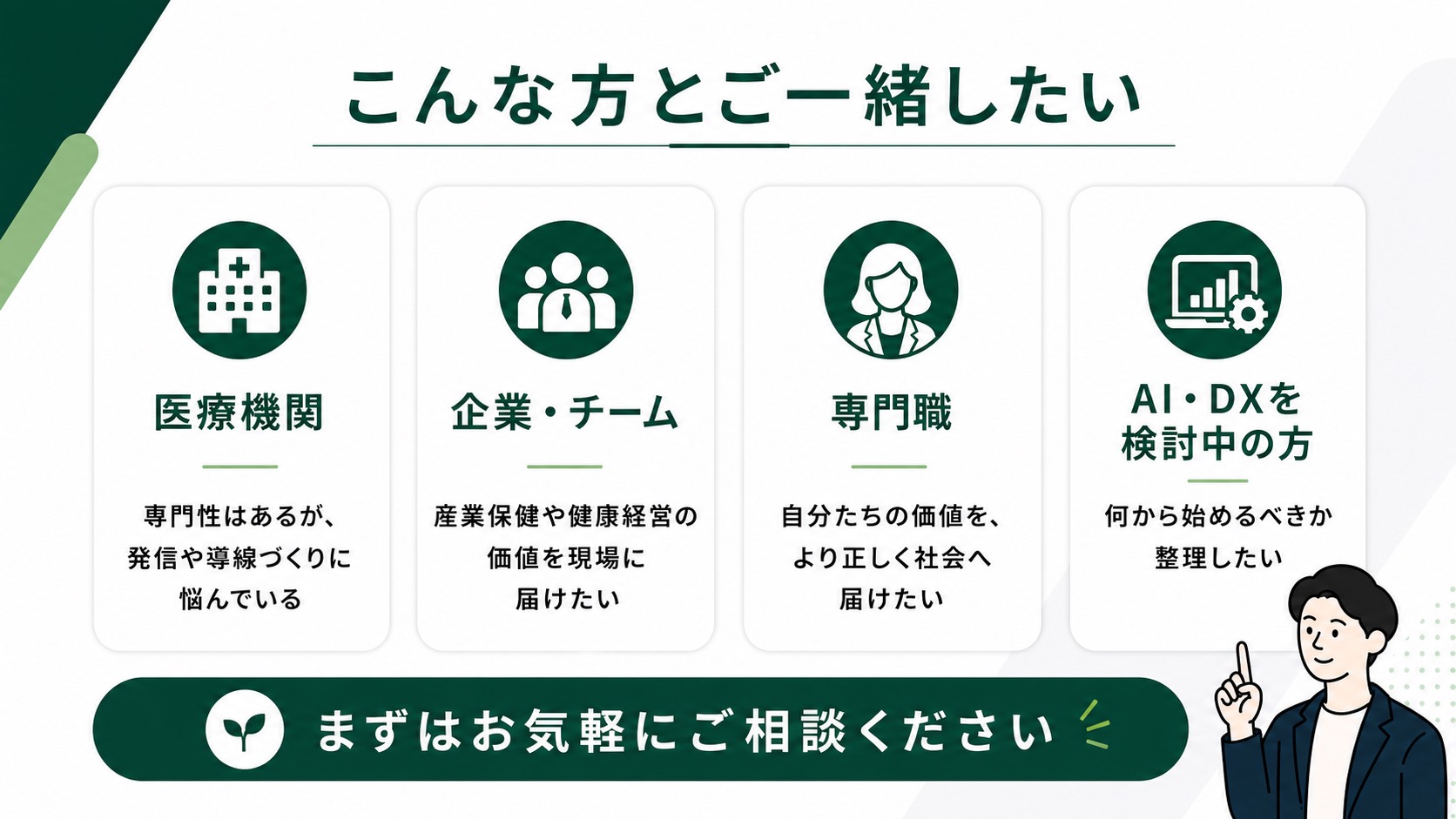 医療機関、企業とチーム、専門職、AIとDXを検討中の方へ向けた相談案内