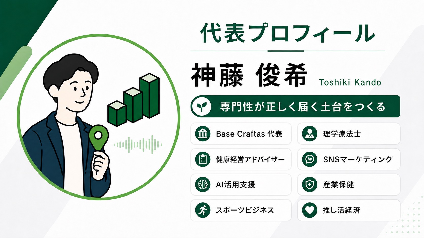 Base Craftas代表 神藤俊希のプロフィール。理学療法士、健康経営アドバイザー、SNSマーケティング、AI活用支援などの活動領域