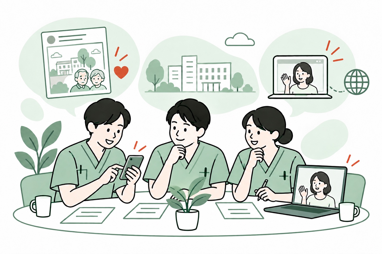 施設の職員が一緒にSNS投稿を始め、外部の運用担当者ともつながるイラスト