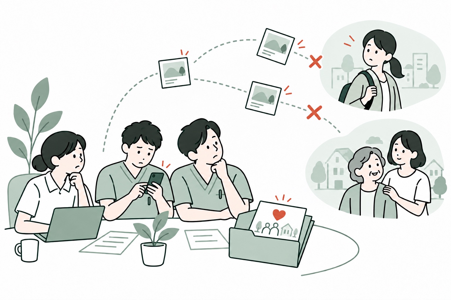 施設の職員が投稿を確認する一方、伝えたい相手に情報が届かないイラスト