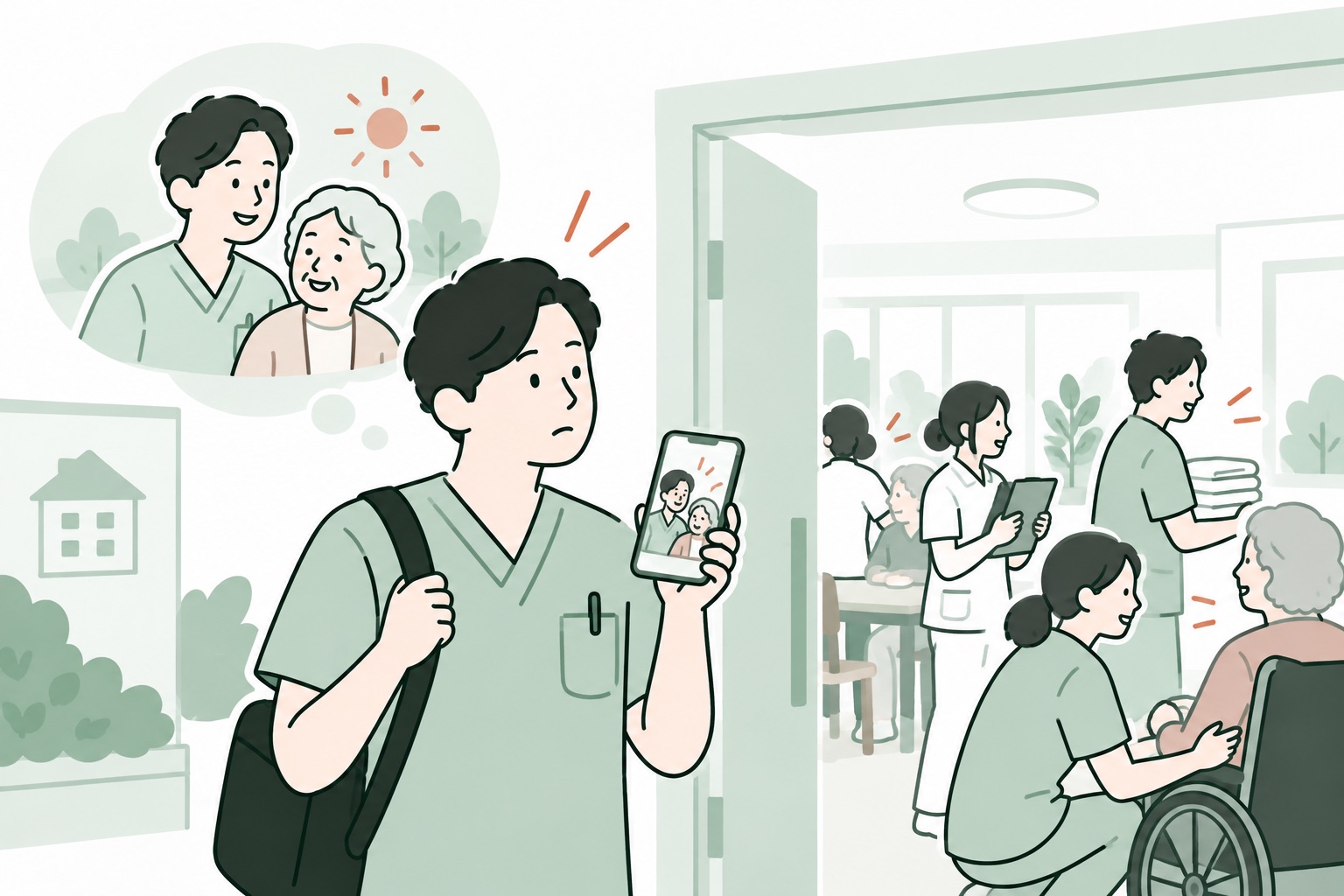 入職したスタッフが発信で受けた印象と現場の違いに気づくイラスト
