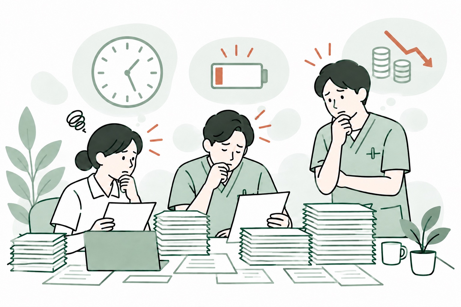 投稿と採用の仕事が積み重なり、施設の担当者と中心メンバーに負担が集中するイラスト