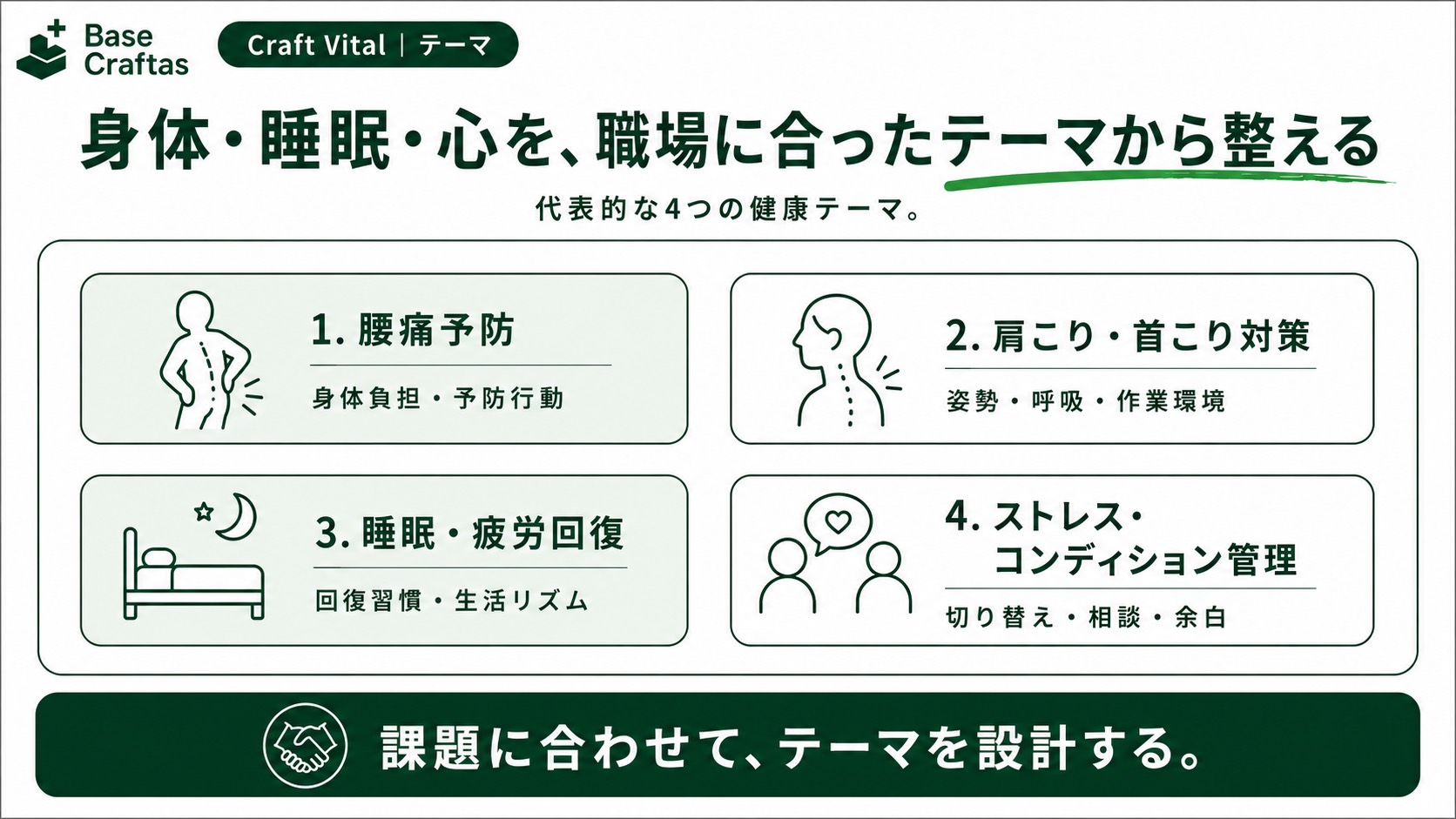Craft Vitalの代表的な4つの健康テーマ。腰痛予防、肩こり・首こり対策、睡眠・疲労回復、ストレス・コンディション管理