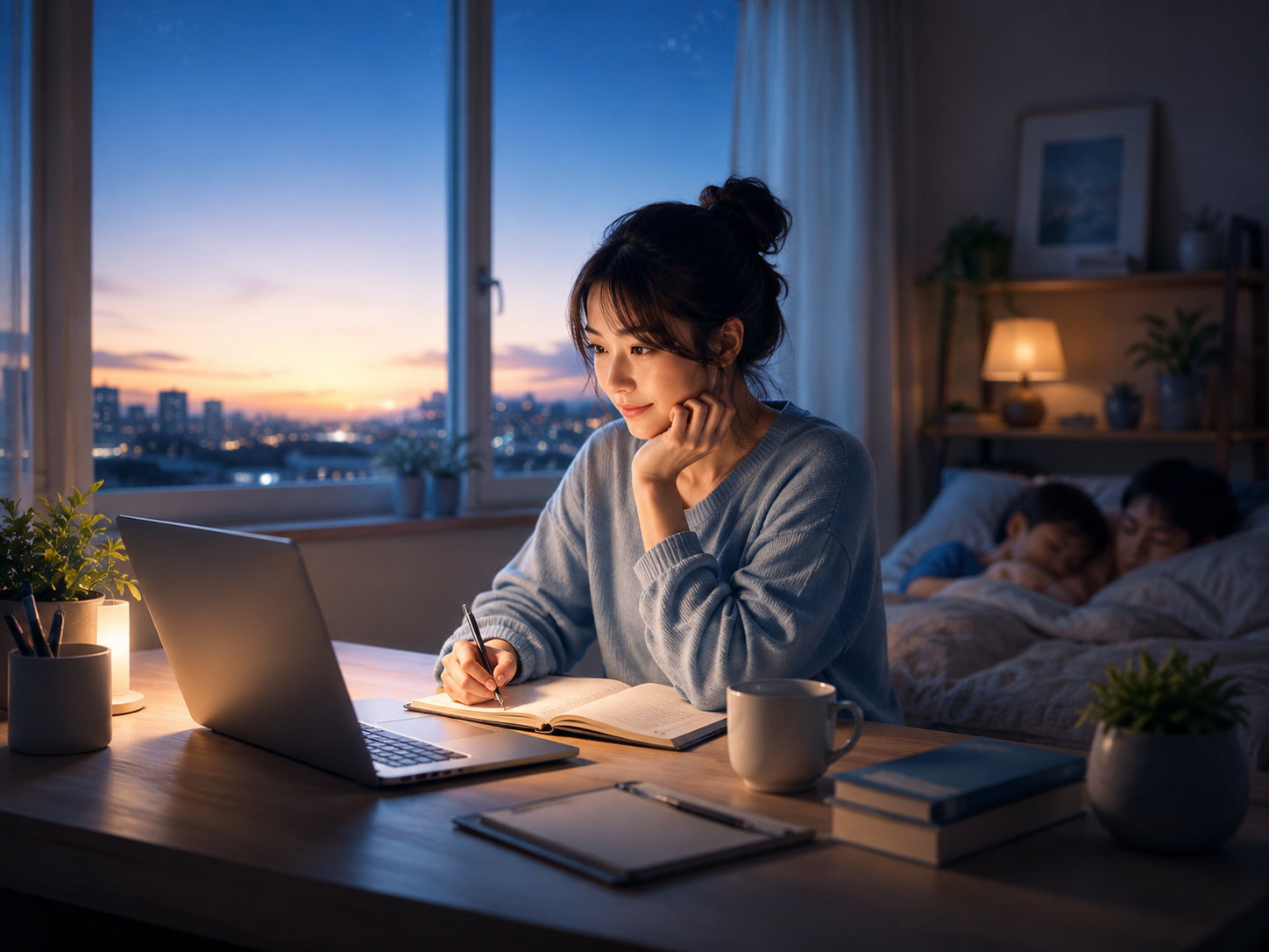 夜明けの窓辺で学ぶ人と、後ろで眠る家族のイメージ