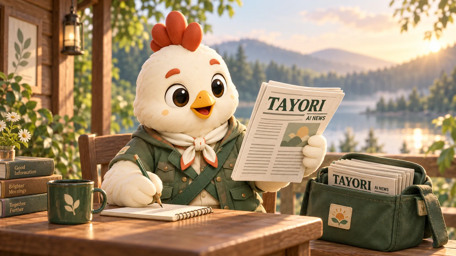 湖畔の新聞屋で原稿を整えるツグモ。完成したTAYORIの新聞を手に、配達かばんにも新聞を用意しています。